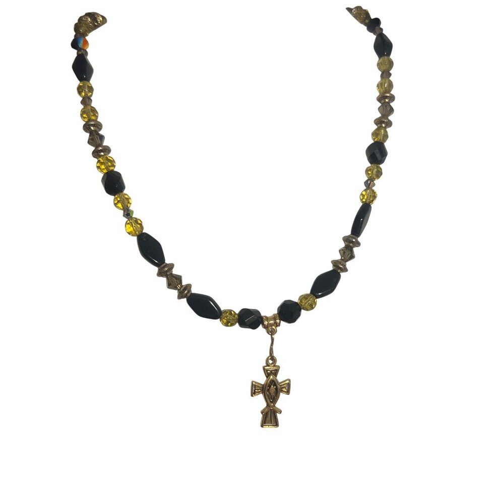 Vintage Black Gold Glass Bead Necklace Cross Pendant Toggle Clasp Estate 18"